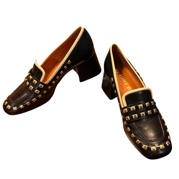 Tory Burch Perfect Black/Dulce De Leche Leather Studded Loafer Heel Size 5 $350 - Picture 2 of 14